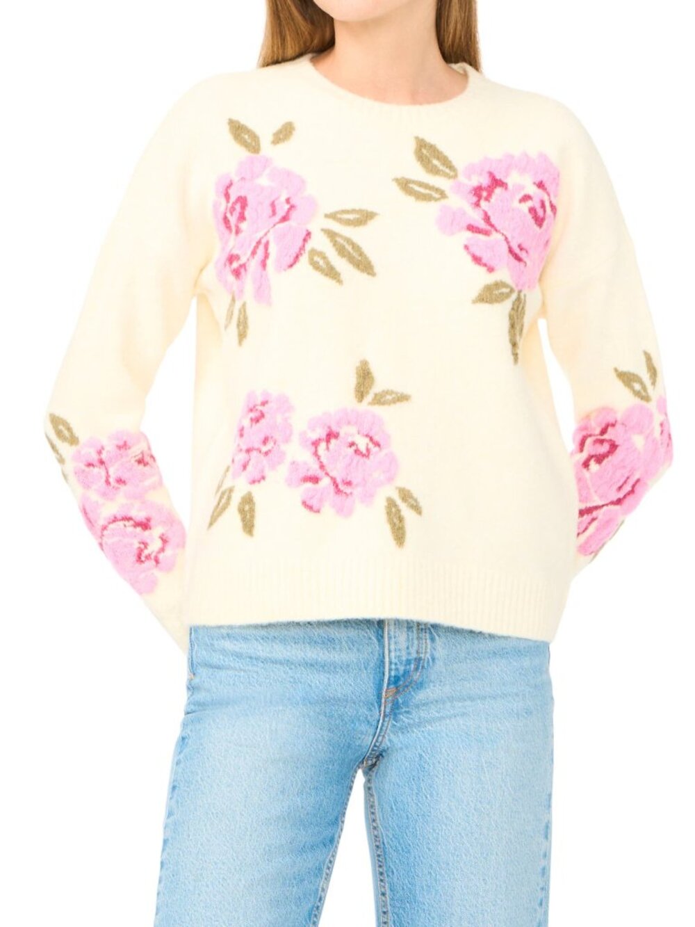 TED BAKER Floral Rose Crewneck Sweater Lemon Mist Yellow Pink Size L